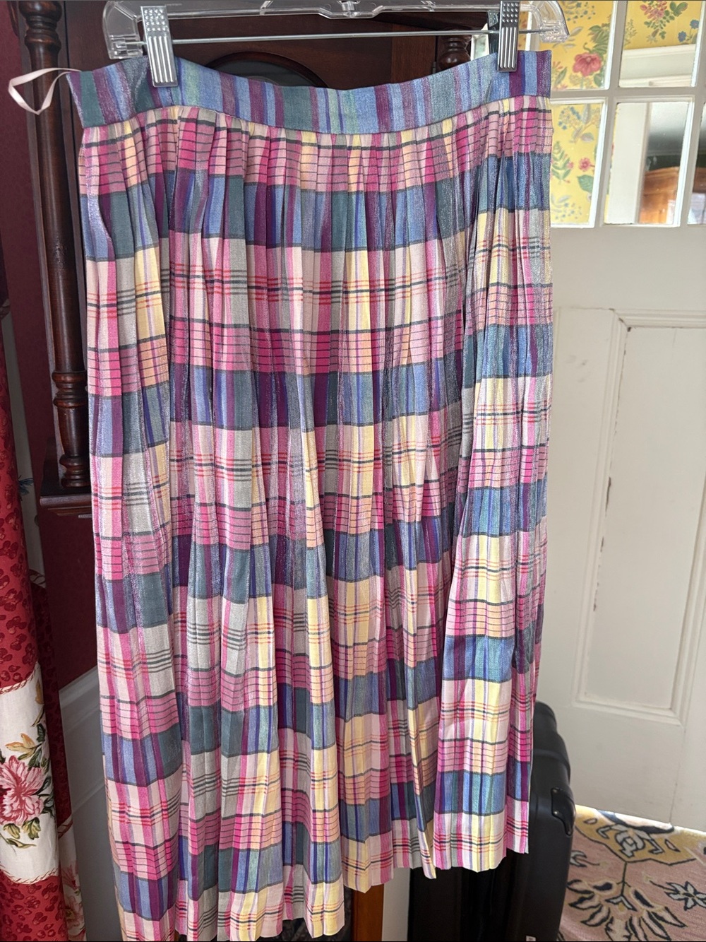 J. Crew Plaid Pleated A-Line Midi Skirt in Pink, Blue and Cream